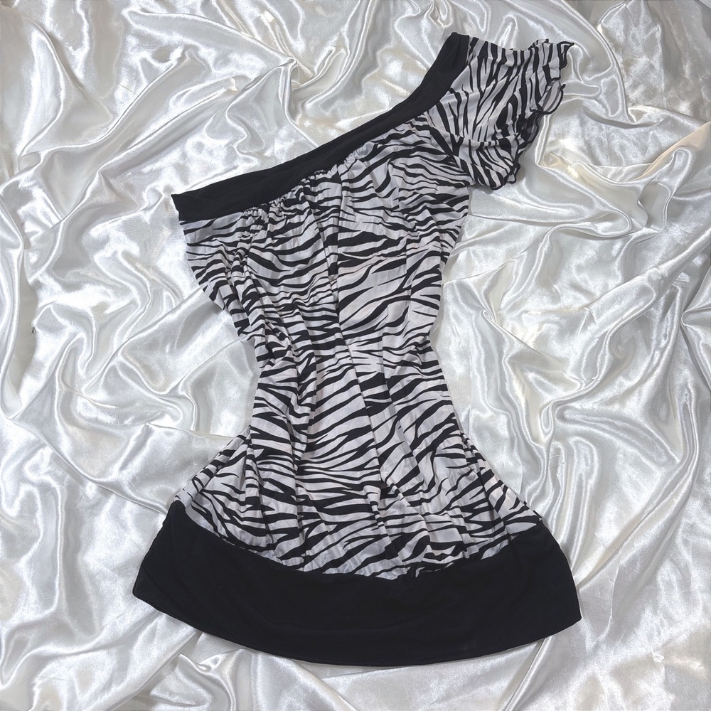y2k Top Zebra Excellent One Shoulder Ruffle Animal Print Blouse 10864